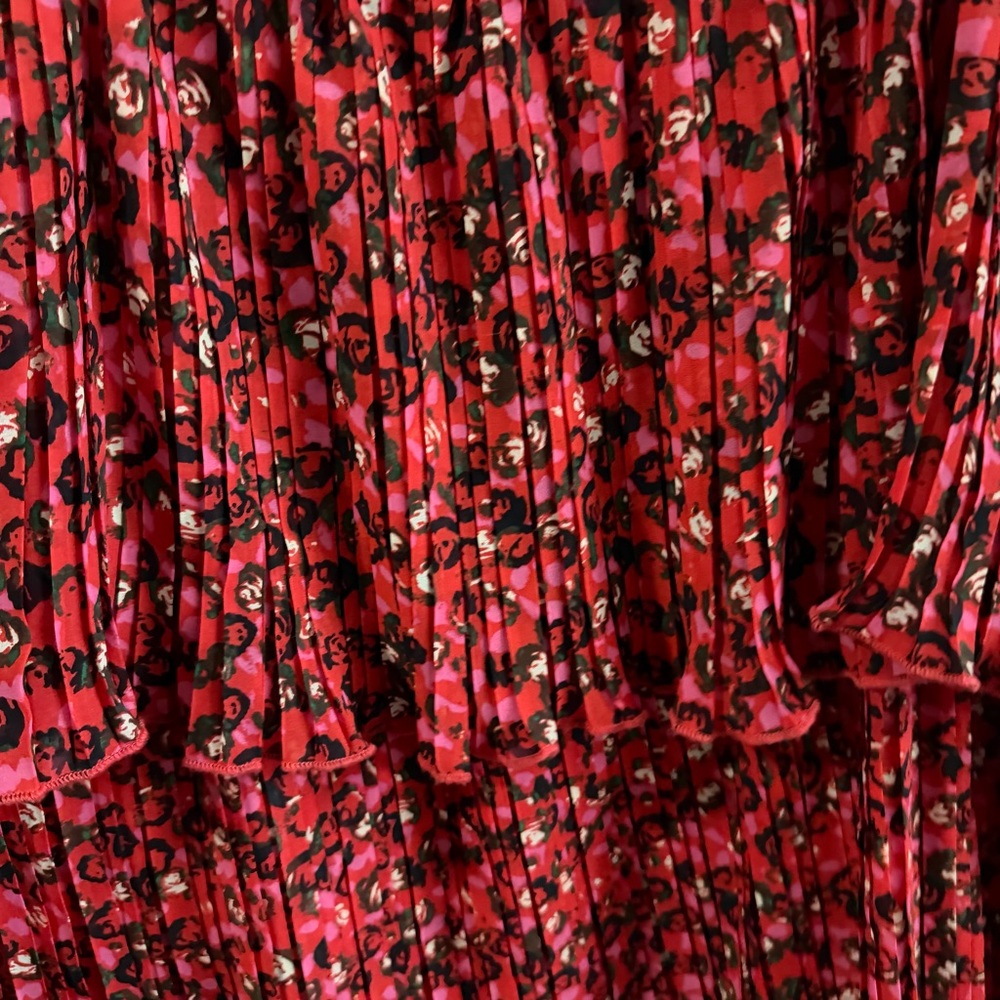 GANNI Pleated Raffled Georgette Flounce Strap, Red Floral Midi Dress Size 36 (S) - Picture 8 of 10